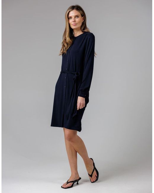 French Connection Blue Cotton Stretch Grandad Collar Long Balloon Sleeve Button Self-Tie Midi Dress