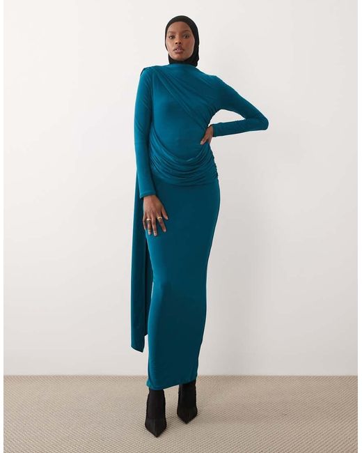 ASOS Blue Long Sleeve Slinky Draped Maxi Dress