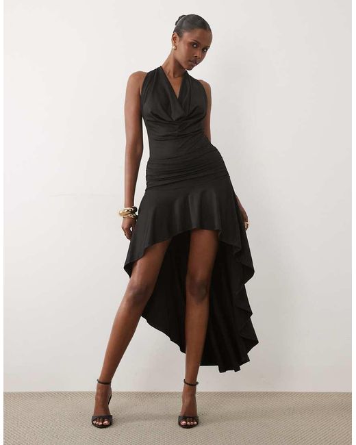 Murci Natural Slinky Cowl Halterneck Plunge Detail Ruffle High-low Maxi Dress