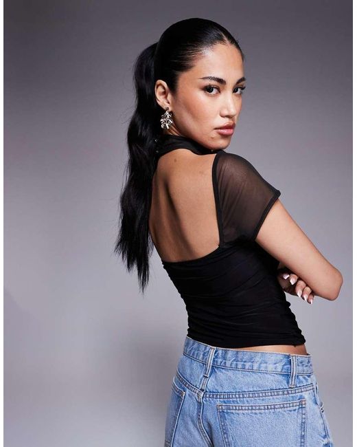 ASOS Blue Co-ord Mesh Short Sleeve Top With Cross Over Neck With Rouleau Button Detail