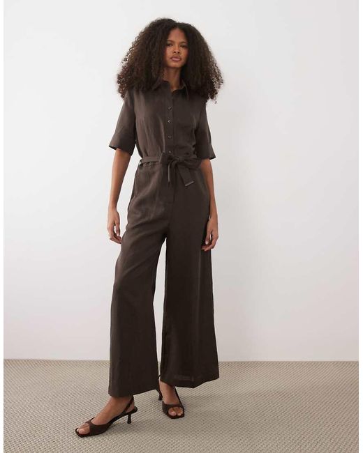 Mango Brown Linen Mix Belted Short Sleeve Jumpsuit