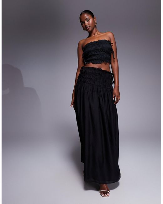 Wanderdoll Blue Soulie Linen Look Ruffle Trim Tie Detail Shirred Bandeau Top Co-ord