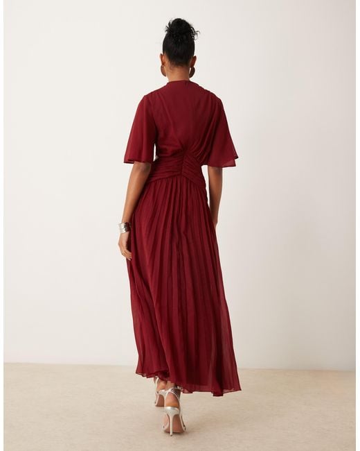 asos red pleated midi dress ASOS DESIGN Curve button up ruched waist pleated midi dress in metallic textured fabric in deep red