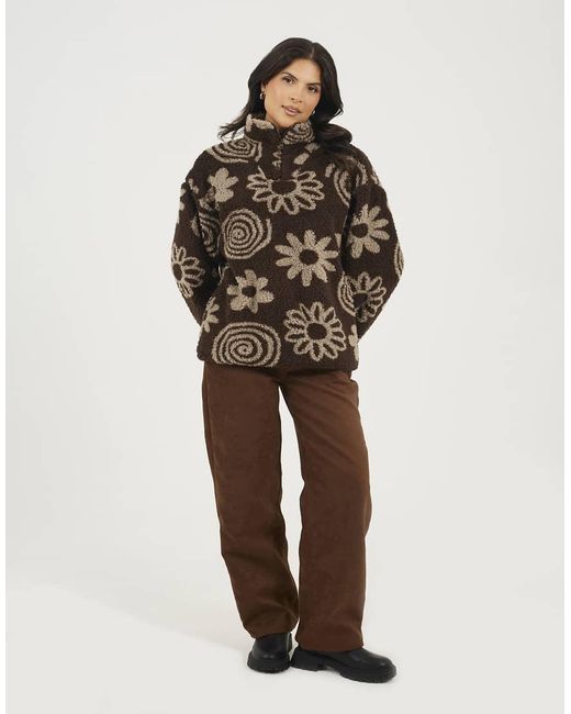 Brave Soul Brown Quarter Zip Flower Print Sherpa Fleece