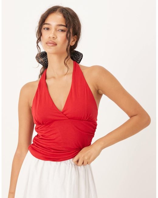 Mango Red Ruched Halterneck Top