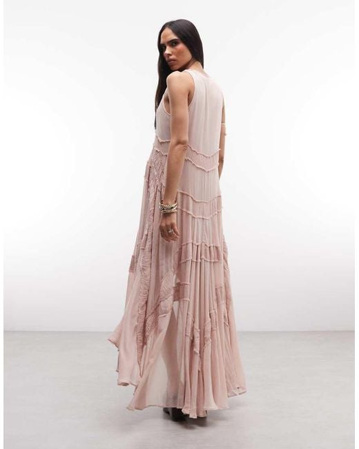 AllSaints Pink Dorina Sleeveless Ruched Asymmetric Ruffle Midi Dress