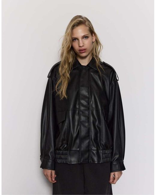 Stradivarius Black Oversize Leather Effect Biker Jacket