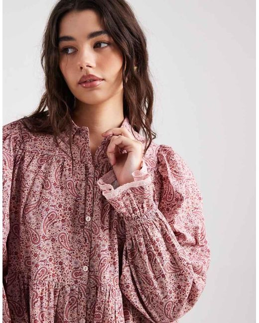 Miss Selfridge Pink Tiered Paisley Poplin Smock Dress