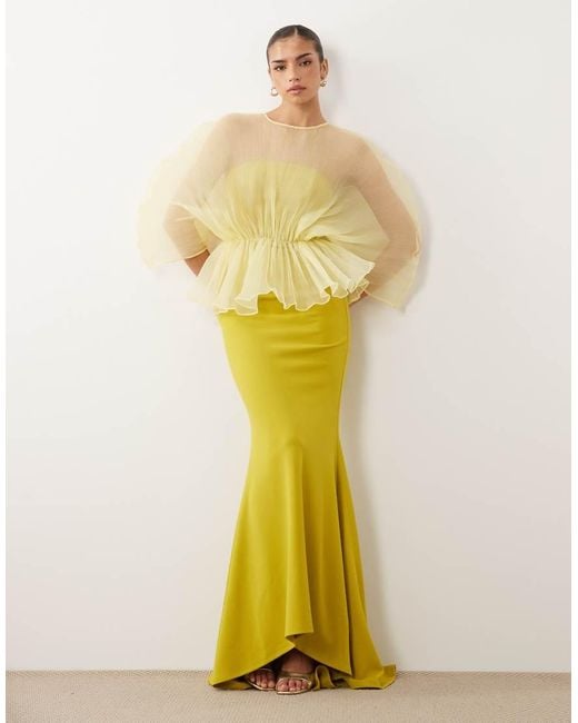 ASOS Yellow Pleated Bodice Maxi Dress With Stretch Crepe Contrast