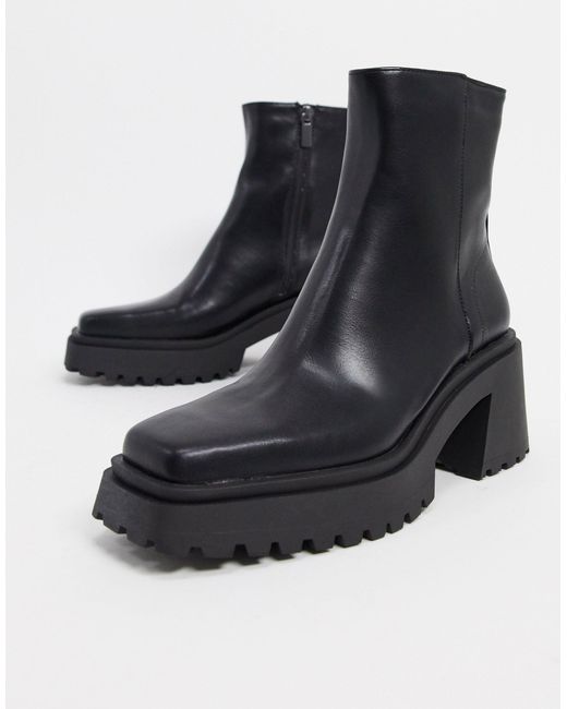 Pull&Bear Black Square Toe Chunky Ankle Boot