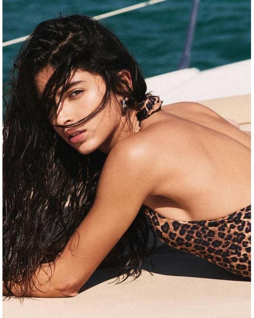 Pull&Bear Brown Leopard Print Halter Neck Swimsuit