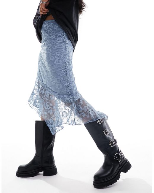 Monki Blue Midi Knee Length Lace Asymmetric Skirt With Lining