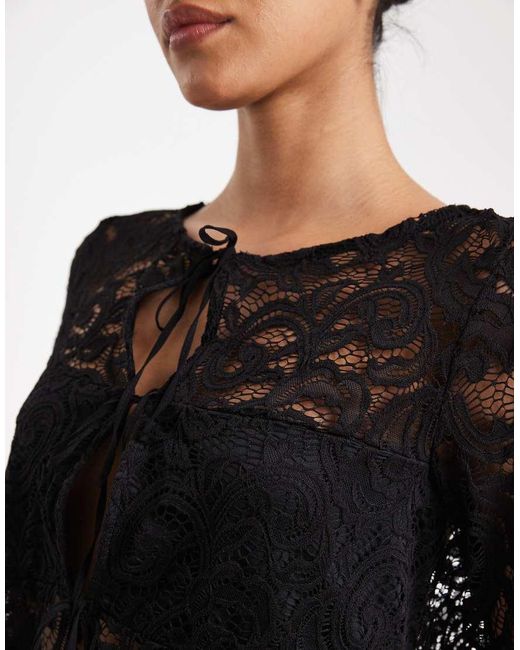 ASOS Black Lace Long Sleeve Tie Front Top