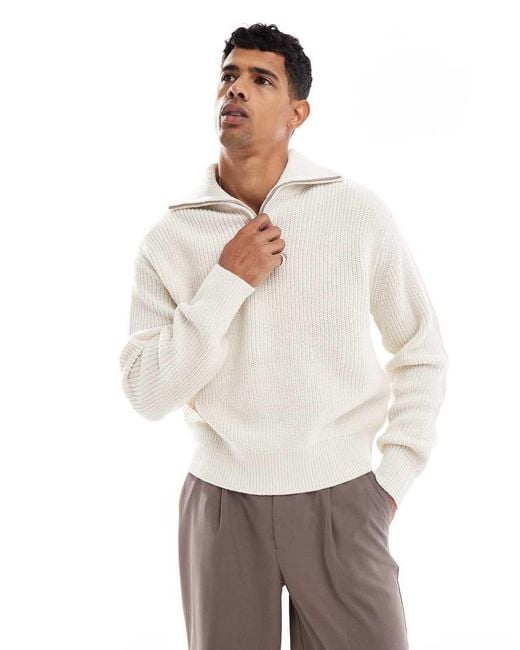 Bershka White Knitted 1/4 Zip Jumper for men