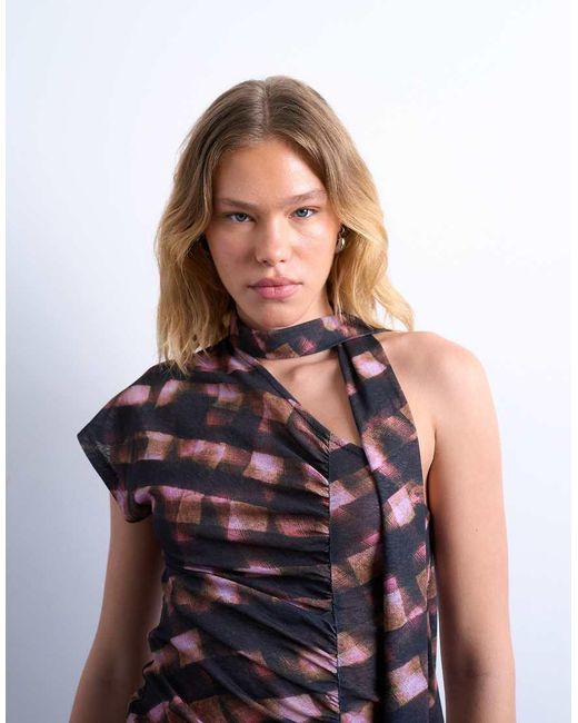 TOPSHOP Brown Ruched Check Print Scarf Detail Asymmetric Hem Top