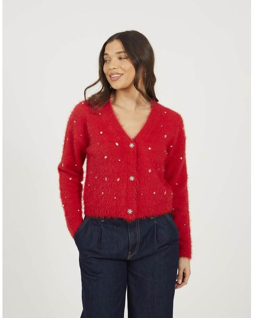 Brave Soul Red Fluffy Knit Cardigan With Jewel Embellishment