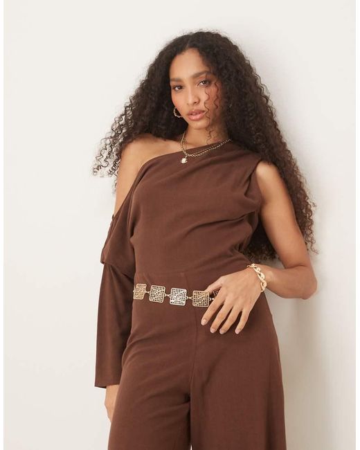 ASOS Natural Linen Fallen Shoulder Jumpsuit