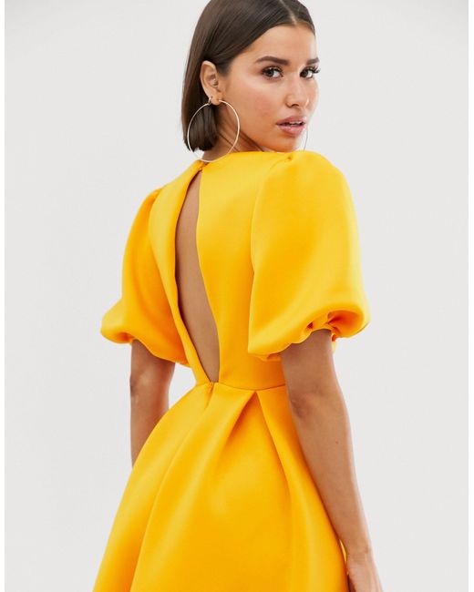 ASOS Bubble Sleeve Twist Detail Midi Prom Dress in Yellow | Lyst