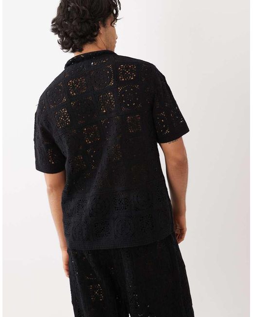ASOS Black Relaxed Short Sleeve Knitted Crochet Button Through Revere Shirt for men