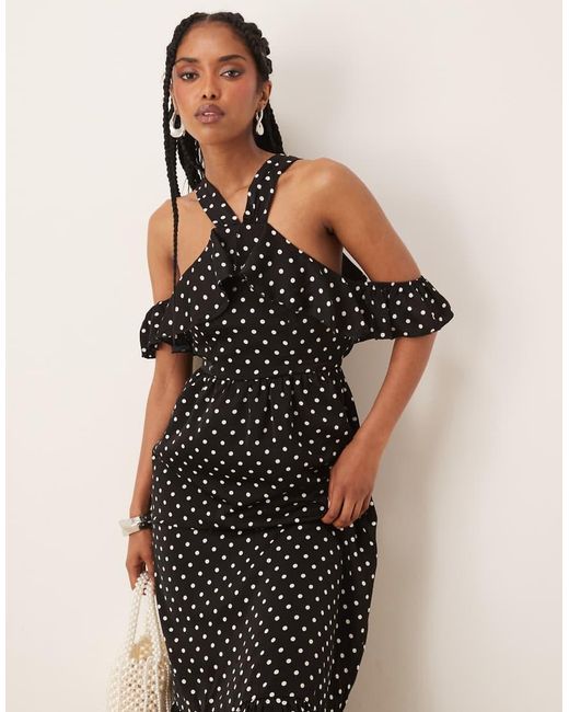 Lovedrobe Natural Polka Dot Could Shoulder Halter Neck Midaxi Dress