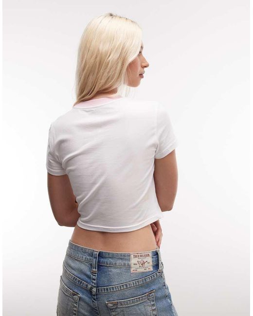 True Religion White Crystal Heritage Graphic Ringer Cropped Baby Tee