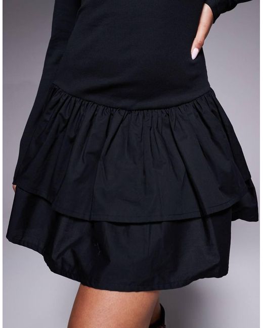 ASOS Blue Ribbed Mini Dress With Woven Skirt