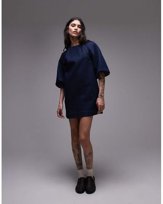 TOPSHOP Blue Denim Mini Shift Dress With Balloon Sleeves