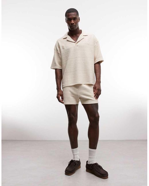 ASOS Natural Heavyweight Oversized Polo Shirt With Satin Chest Embroidery for men