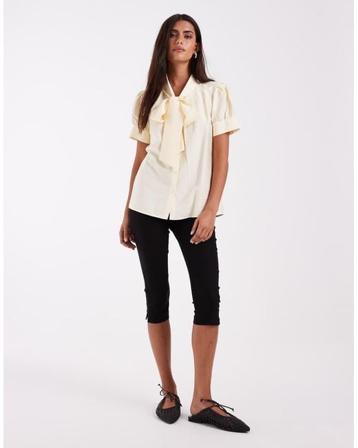 ASOS Natural Bow Blouse With Puff Ball Sleeve