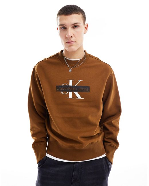 Calvin Klein Brown Monogram Logo Stencil Crew Neck Sweatshirt for men