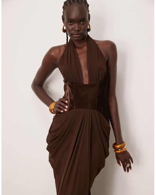 ARRANGE Brown Velvet Plunge Halter Cinch Waist Maxi Dress With Train
