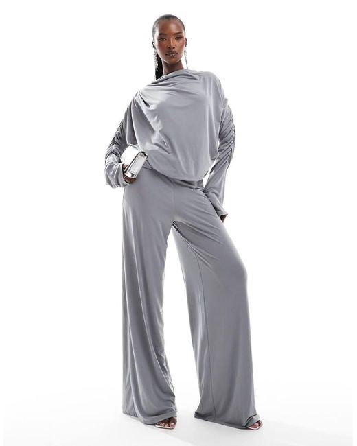 ASOS Gray Long Sleeve Ruched Wide Leg Jumpsuit