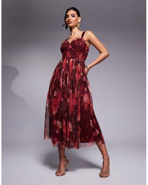LACE & BEADS Red Corset Tulle Midaxi Dress