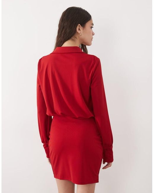 ASOS Red Long Sleeve Shirt Detail With Wrap Skirt Mini Dress