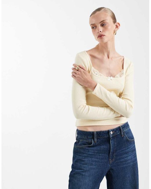 Miss Selfridge Blue Long Sleeve Rib Top With Lace Detail