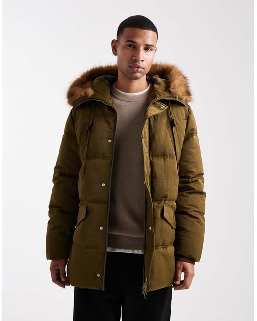 ASOS Brown Puffer Jacket With Faux Fur Hood Trim for men