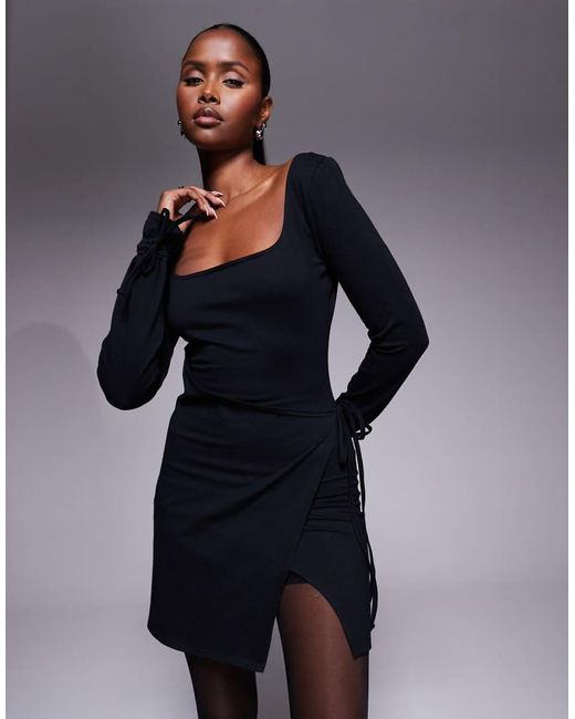 Fashionkilla Katoenrijke Mini-Jurk Met Vierkante Hals, Lange Mouwen En Gestrikte Taille Met Overslag in het Blue