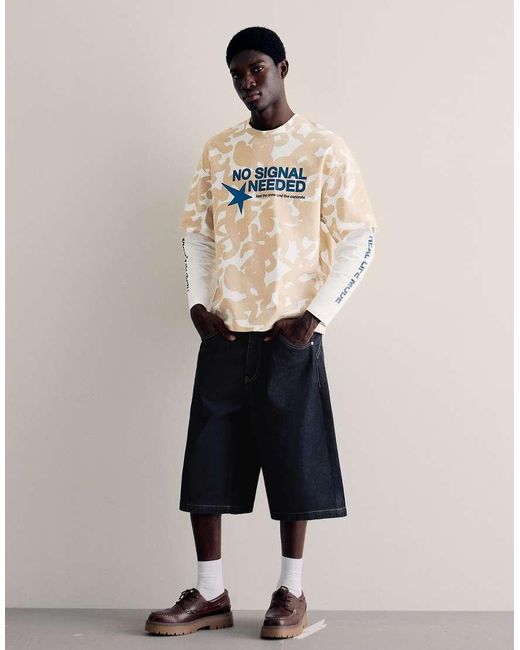 Bershka Natural Embroidered Skater Denim Bermuda Shorts for men