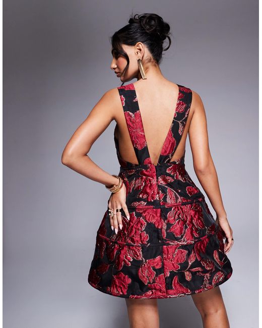 ASOS Red Jacquard Plunge Caged Mini Dress With Corsage