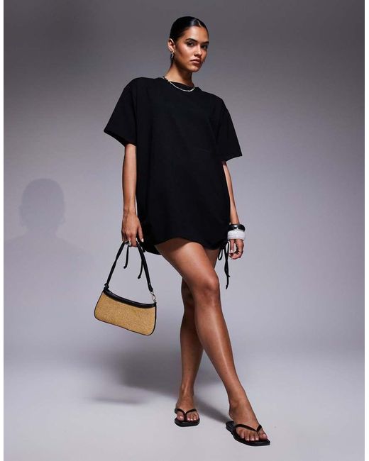 Vestido Corto Estilo Camiseta Con Lazadas Fruncidas En El Lateral De Algodón De Fashionkilla de color Blue