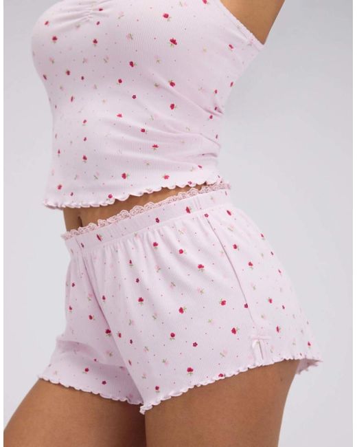 Boux Avenue White Floral Ribbed Short Pyjama Set With Ruching Detail