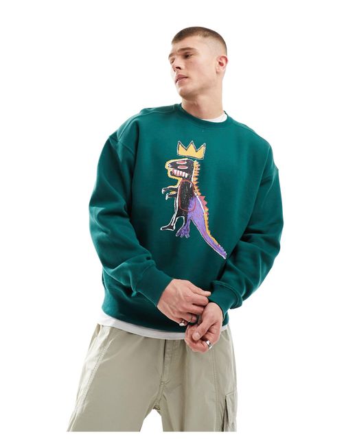 Cotton On Green Cotton On Relaxed Sweatshirt With Basquiat Dinosaur Graphic for men