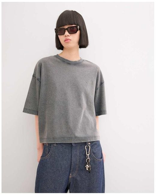 Bershka Gray Cotton Boxy Fit Short Sleeve T-shirt