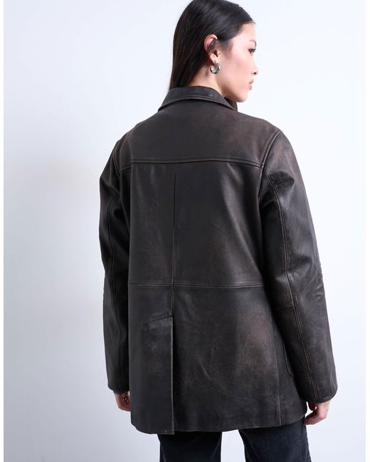 TOPSHOP Black Premium Real Leather Blazer With Patch Pockets