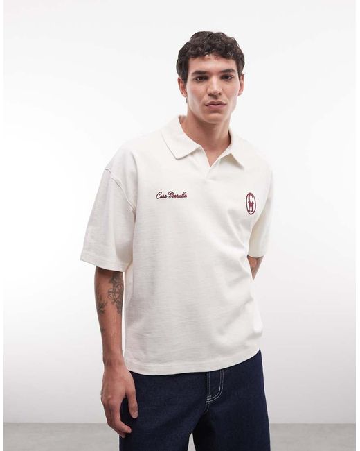 ASOS Oversized Rechte Polo Van Superzware Stof Met Print Op De Borst in het White voor heren