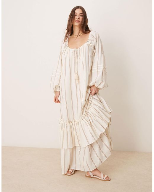 ASOS Natural Maxi Dress With Ruched Channel Neckline And Tiered Hem
