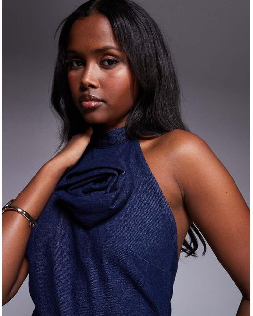 ASOS Blue Denim Halterneck Mini Dress With Rose Corsage