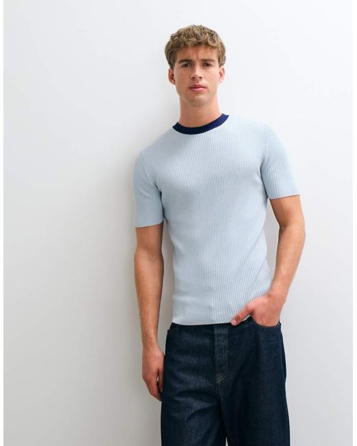 ASOS White Muscle Fit Knitted T Shirt With Contrast Collar for men