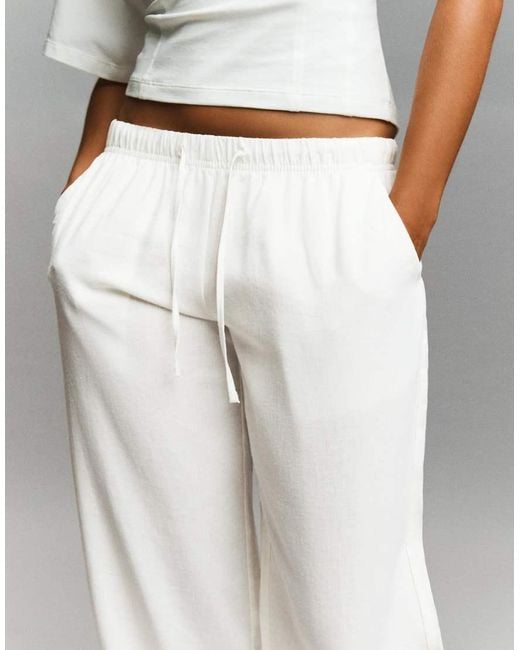 Bershka White Petite Linen Blend Trousers With An Elasticated Waistband