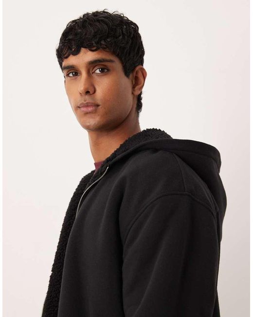 ASOS Black Relaxed Zip Through Hoodie With Borg Lining for men